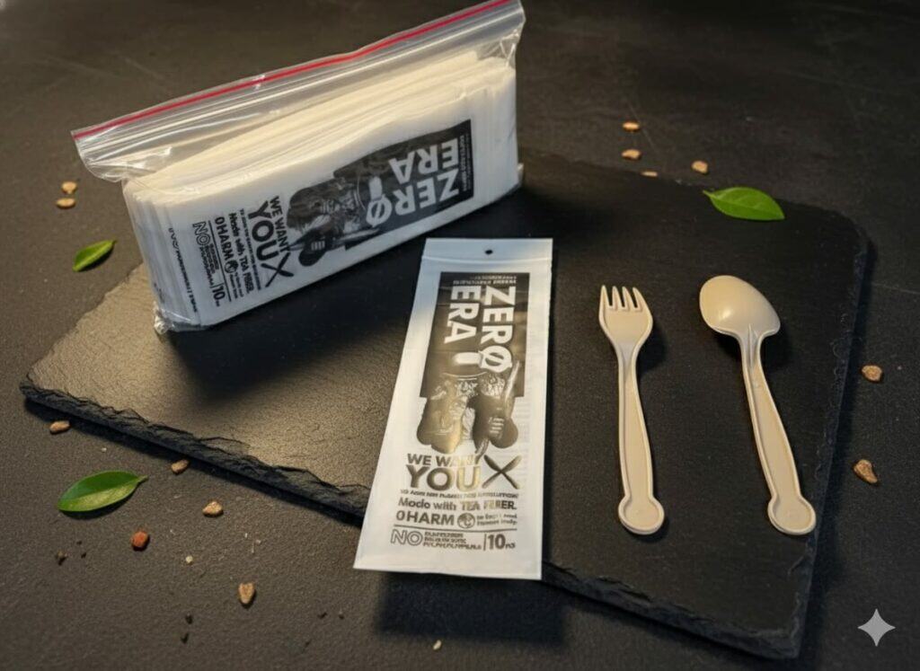 上架至美國超市的環保餐具外包裝,採用 PBAT 材質的可分解環保夾鏈袋。