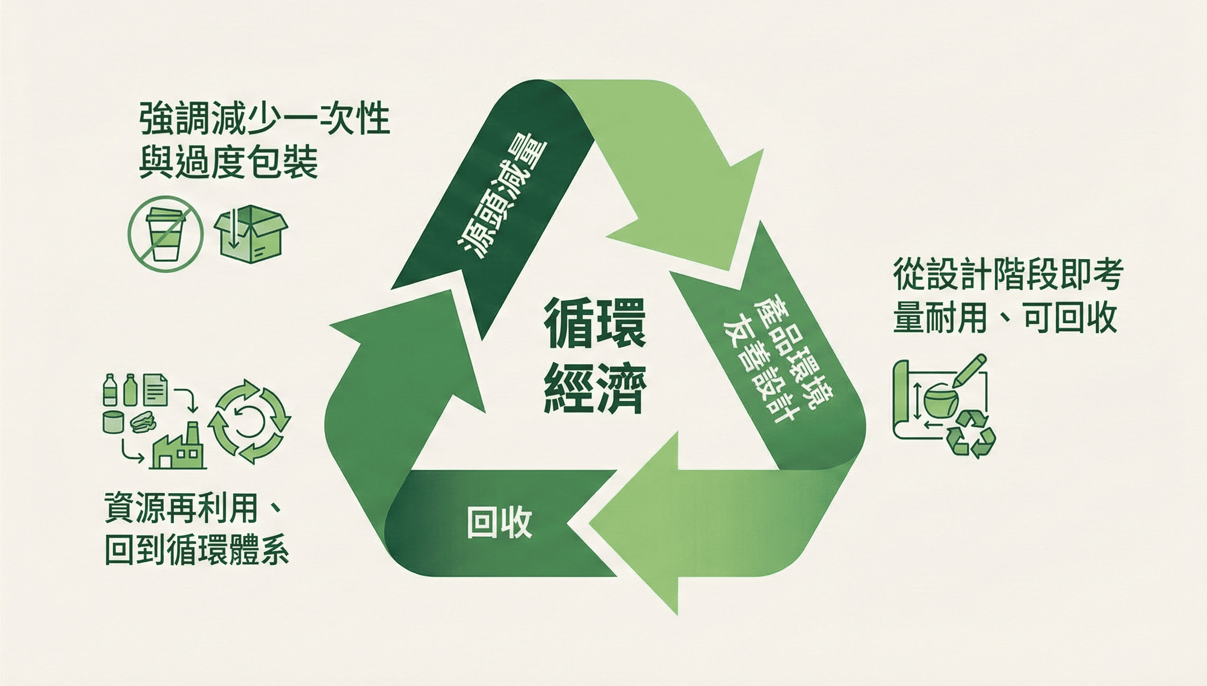 循環經濟資訊圖表,展示源頭減量、產品環境友善設計與回收三個環節的順時針循環